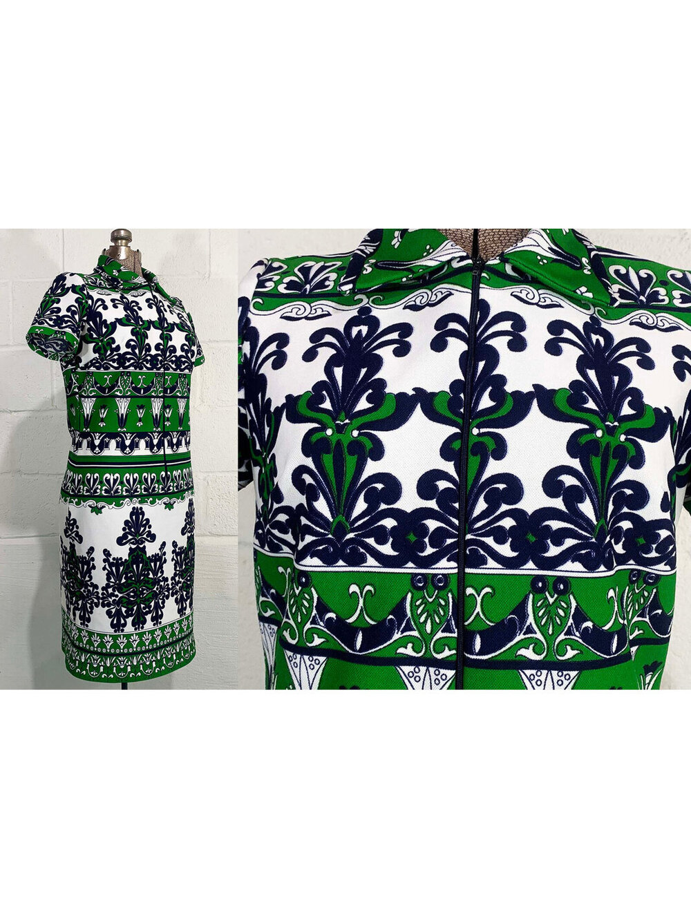 Mod Dress Blue Green Psychedelic Geometric Collar Medium Large 1960s